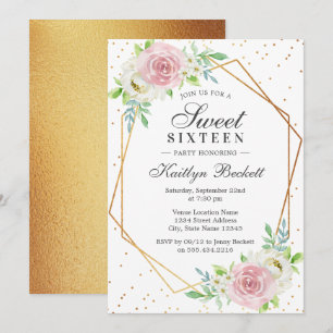 Chic Gold Foil Floral Sweet 16 Birthday Kaart