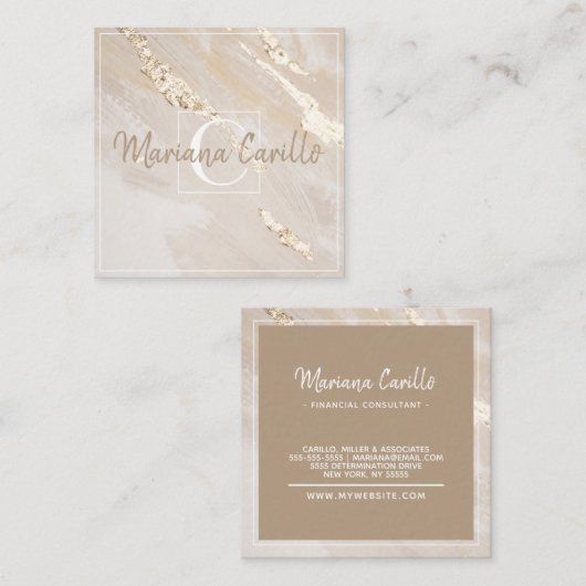 Chic Gold Foil marble Monogram Vierkante Visitekaartje (Voorkant / Achterkant)