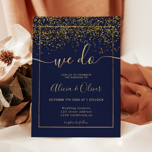 Chic gold foil navy blue initialen bruiloft kaart