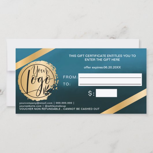 Chic gold foil ribbon blue logo gift certificaat (Achterkant)