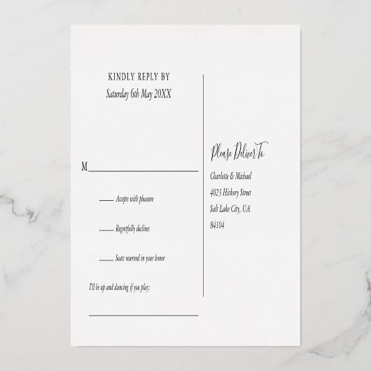 Chic Gold Foil Script Song Request RSVP Briefkaart (Achterkant)