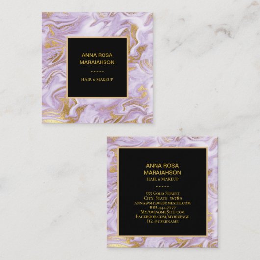 *~* Chic Gold Foil Veins Lavender Marble Modern Vierkante Visitekaartje (Voorkant / Achterkant)
