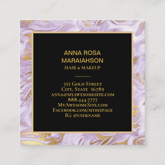 *~* Chic Gold Foil Veins Lavender Marble Modern Vierkante Visitekaartje (Achterkant)