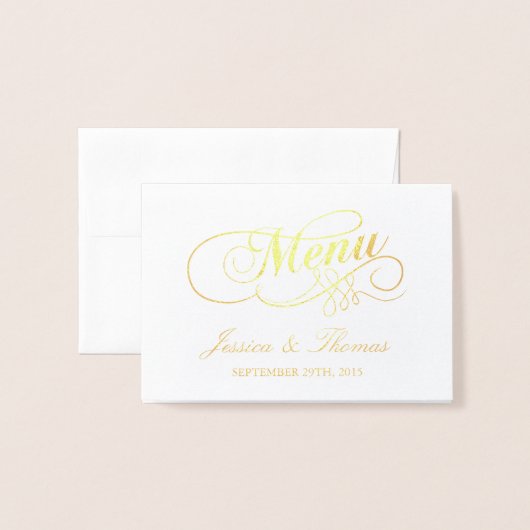 Chic Gold Foil & White Wedding Menu Kaart Sjabloon (Voorkant met envelop)