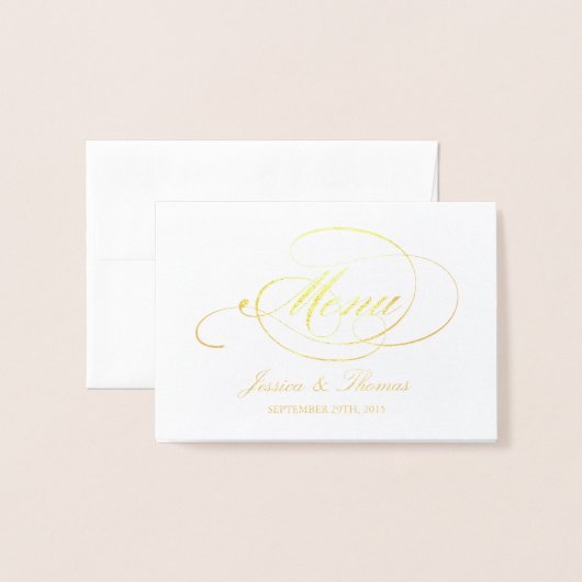 Chic Gold Foil & White Wedding Menu Kaart Sjabloon (Voorkant met envelop)