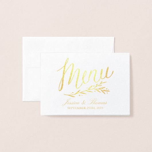 Chic Gold Foil & White Wedding Menu Kaart Sjabloon (Voorkant met envelop)