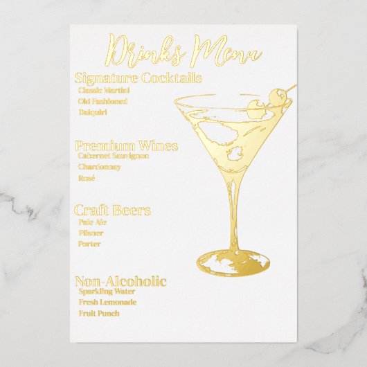 Chic Gold-Foiled Drinken Party Bar Menu (Voorkant)