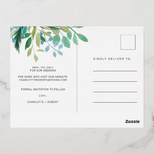 Chic gold folie greenery bruiloft behalve datum folie uitnodiging briefkaart (Achterkant)