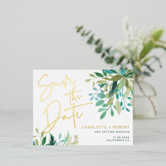 Chic gold folie greenery bruiloft behalve datum folie uitnodiging briefkaart (Staand Voorkant)