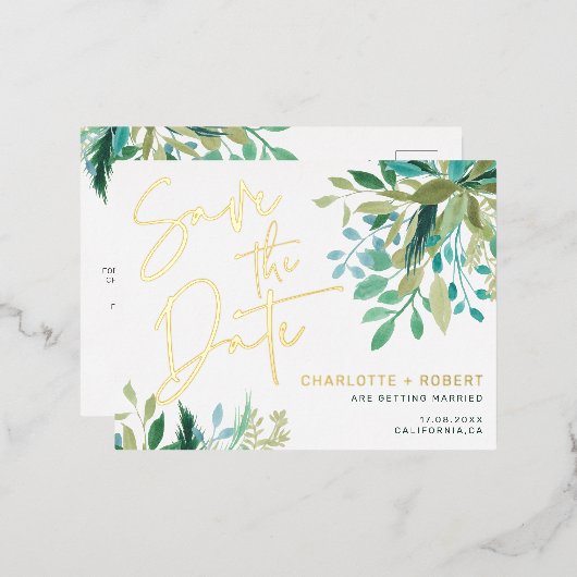 Chic gold folie greenery bruiloft behalve datum folie uitnodiging briefkaart (Voorkant / Achterkant)