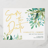 Chic gold folie greenery bruiloft behalve datum folie uitnodiging briefkaart (Voorkant)