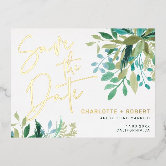 Chic gold folie greenery bruiloft behalve datum folie uitnodiging briefkaart (Voorkant)