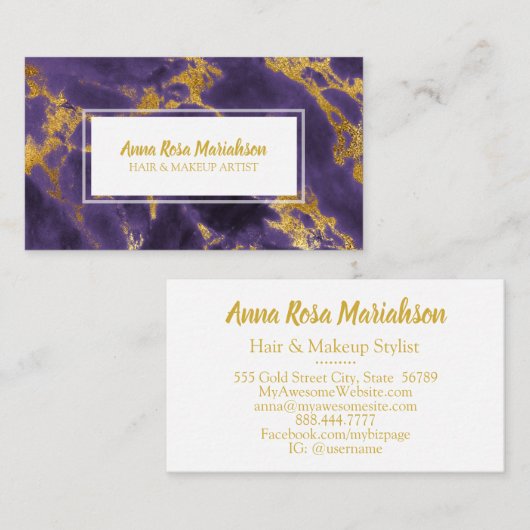 ** Chic Gold Folie Paarse Marmer Populaire Glam Visitekaartje (Voorkant / Achterkant)