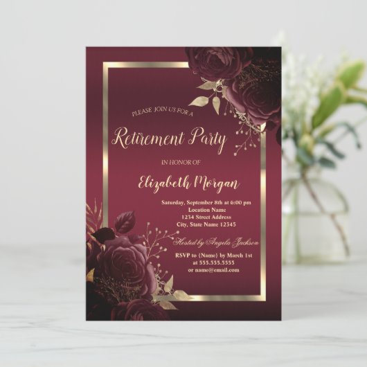 Chic Gold Frame Dark Red Roses Retirement Kaart (Staand voorkant)
