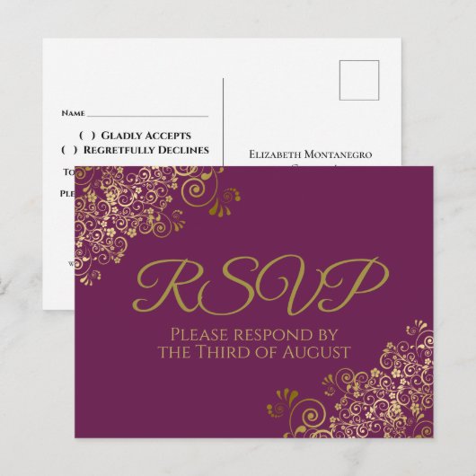 Chic Gold Frills op Cassis Paars Wedding RSVP Briefkaart (Voorkant / Achterkant)