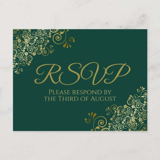 Chic Gold Frills op Emerald Green Wedding RSVP Briefkaart (Voorkant)