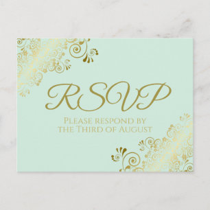 Chic Gold Frills op Neo Mint Green Wedding RSVP Briefkaart