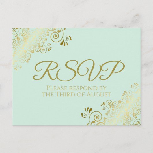 Chic Gold Frills op Neo Mint Green Wedding RSVP Briefkaart (Voorkant)