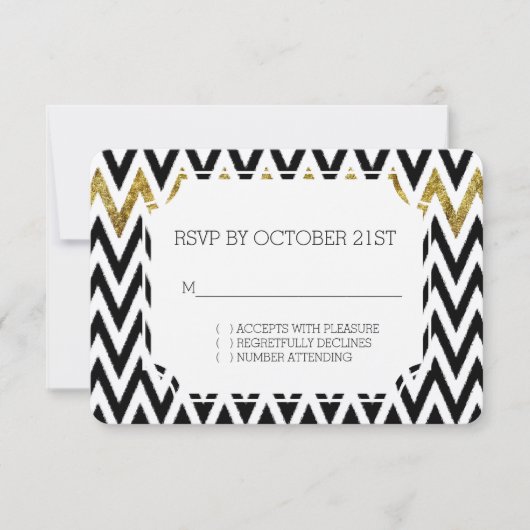 Chic Gold Glam en Black Chevron RSVP Kaart (Voorkant)
