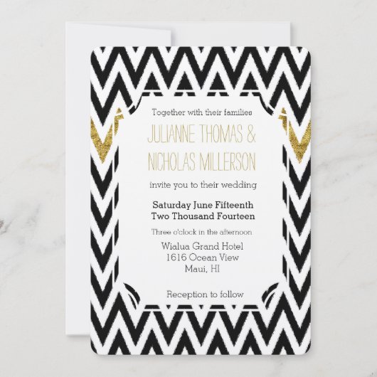 Chic Gold Glam en Black Chevron Wedding Kaart (Voorkant)