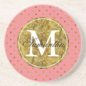 Chic Gold Glam en roze Stippen Monogram Zandsteen Onderzetter (Voorkant)