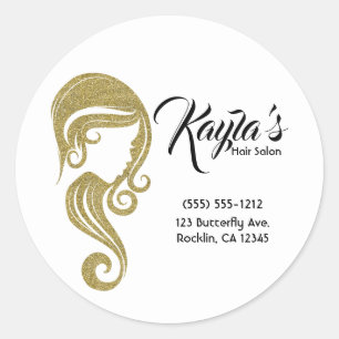 Chic Gold Glitter Beauty Girl Hair & Makeup Salon Ronde Sticker