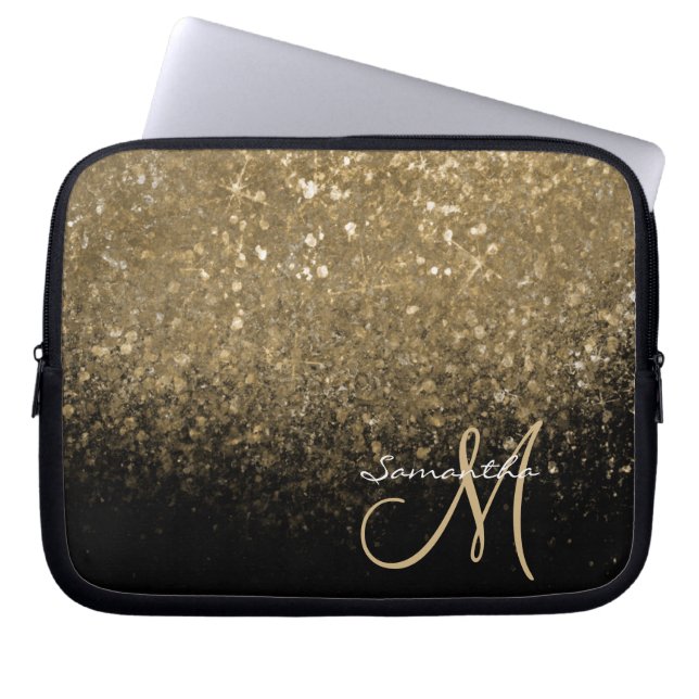Chic Gold Glitter & Black Monogramed Laptop Sleeve (Voorkant)
