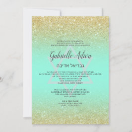 Chic gold glitter blauwgroen script Bat Mitzvah Kaart