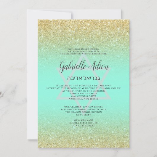Chic gold glitter blauwgroen script Bat Mitzvah Kaart (Voorkant)
