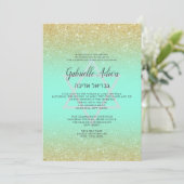 Chic gold glitter blauwgroen script Bat Mitzvah Kaart (Staand voorkant)