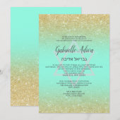Chic gold glitter blauwgroen script Bat Mitzvah Kaart (Voorkant / Achterkant)