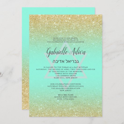 Chic gold glitter blauwgroen script Bat Mitzvah Kaart (Voorkant / Achterkant)