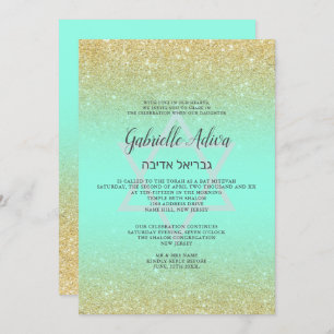 Chic gold glitter blauwgroen script Bat Mitzvah Kaart