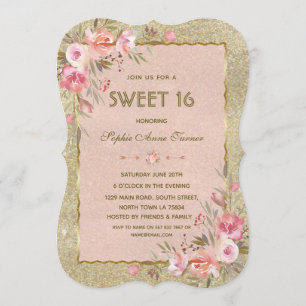 Chic Gold Glitter Blush Floral Sweet Sixteen Kaart