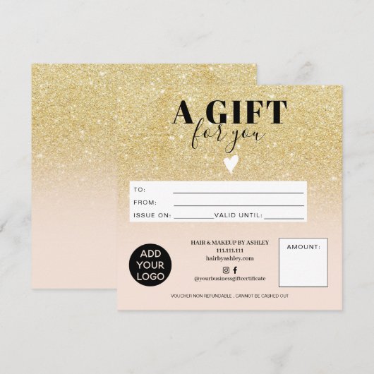 Chic gold glitter blush roze gift certificate logo (Voorkant / Achterkant)