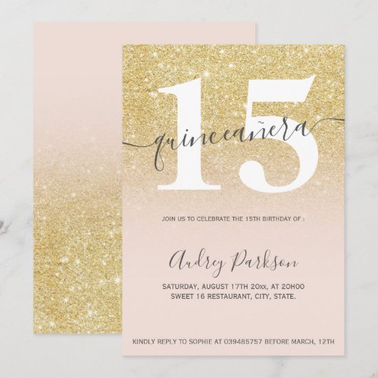 Chic gold glitter blush roze girale quinceanera kaart (Voorkant / Achterkant)