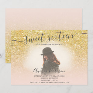 Chic gold glitter blush roze girly 16 foto kaart