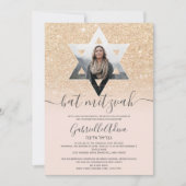 Chic gold glitter blush roze Star bat mitzvah Kaart (Voorkant)