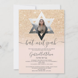 Chic gold glitter blush roze Star bat mitzvah Kaart