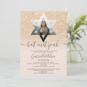 Chic gold glitter blush roze Star bat mitzvah Kaart (Staand voorkant)