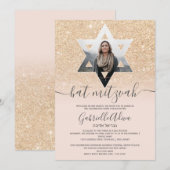 Chic gold glitter blush roze Star bat mitzvah Kaart (Voorkant / Achterkant)