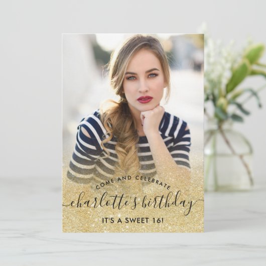 Chic Gold glitter blush script foto's Sweet 16 Kaart (Staand voorkant)