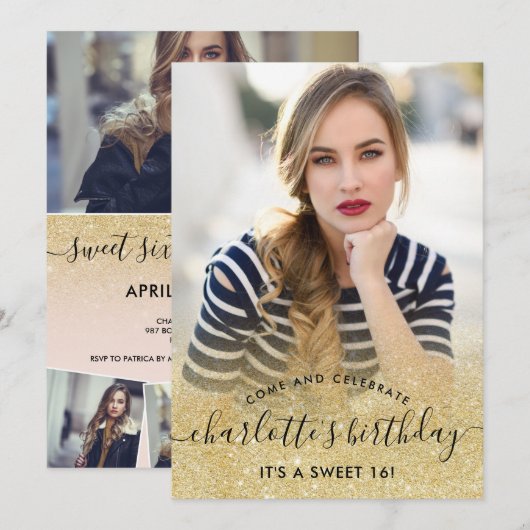 Chic Gold glitter blush script foto's Sweet 16 Kaart (Voorkant / Achterkant)