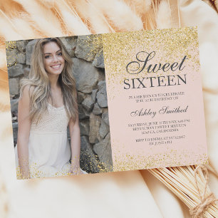 Chic gold glitter chic blush roze foto Sweet 16 Kaart