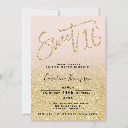 Chic gold glitter chic script blush 16 foto kaart (Voorkant)