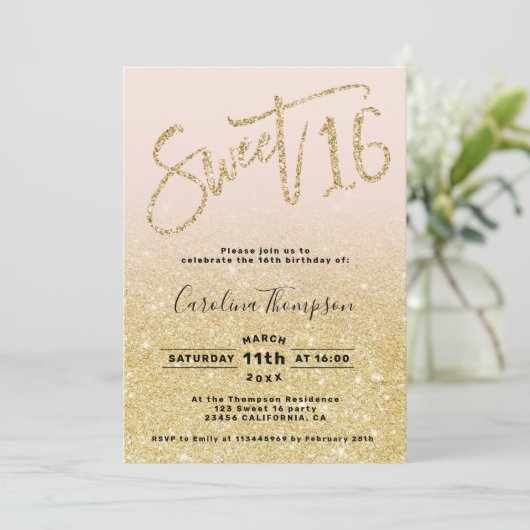 Chic gold glitter chic script blush 16 foto kaart (Staand voorkant)