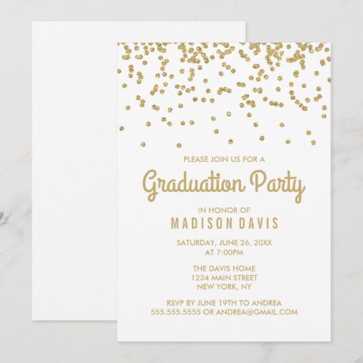 Chic Gold Glitter Confetti Afstudeerfeest Kaart (Voorkant / Achterkant)