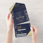 Chic gold glitter confetti navy blue bruiloft all in one uitnodiging (Afscheurbaar)