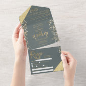 Chic gold glitter confetti sage green bruiloft all in one uitnodiging (Afscheurbaar)