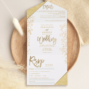 Chic gold glitter confetti white bruiloft all in one uitnodiging